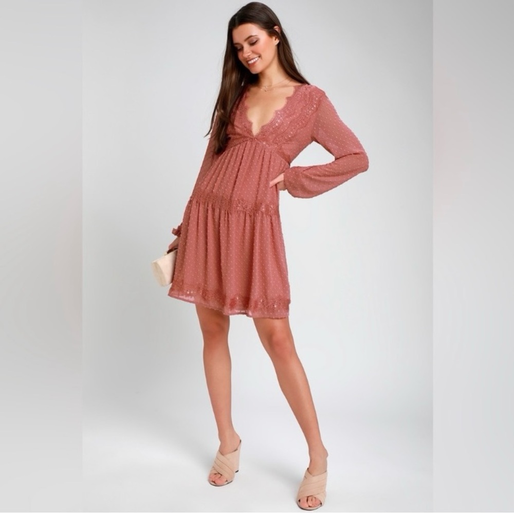Lulu’s Wistful Moment Rusty Rose Swiss Dot Long Sleeve Dress